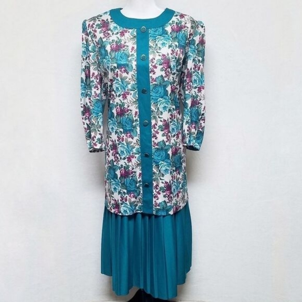 80s Vintage Classic Apparel Teal Cabbage Rose Pleated Quarter Sleeve Midi Dress - Picture 3 of 15